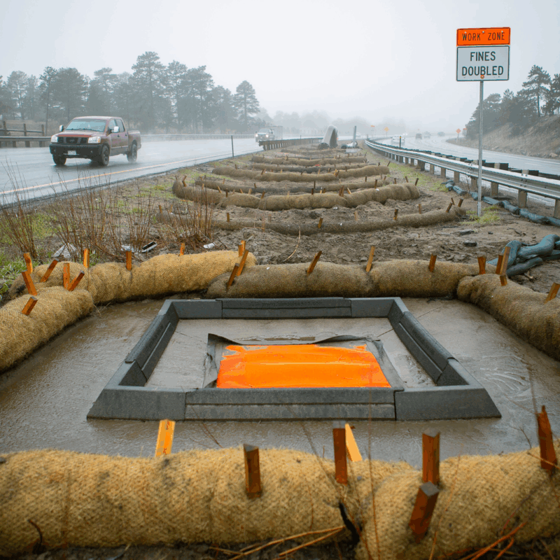 Road median with erosion barriers and Hercules Eco Blocks in square formation.