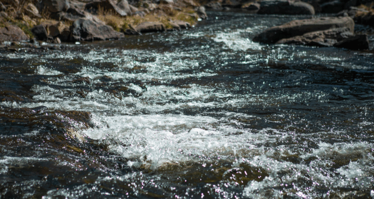 Sunlit, rocky river swiftly flows.