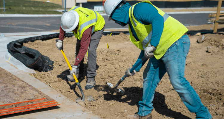 Two construction workers dig by a sidewalk at a construction site.